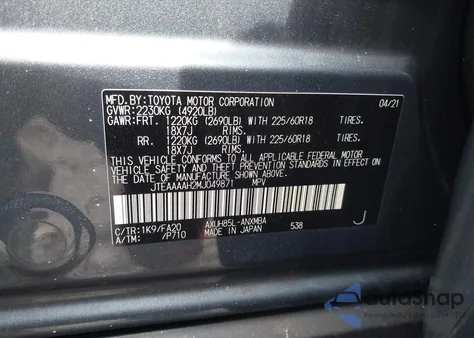 2021 Toyota Venza Le z USA, uszkodzony, nr VIN JTEAAAAH2MJ049871